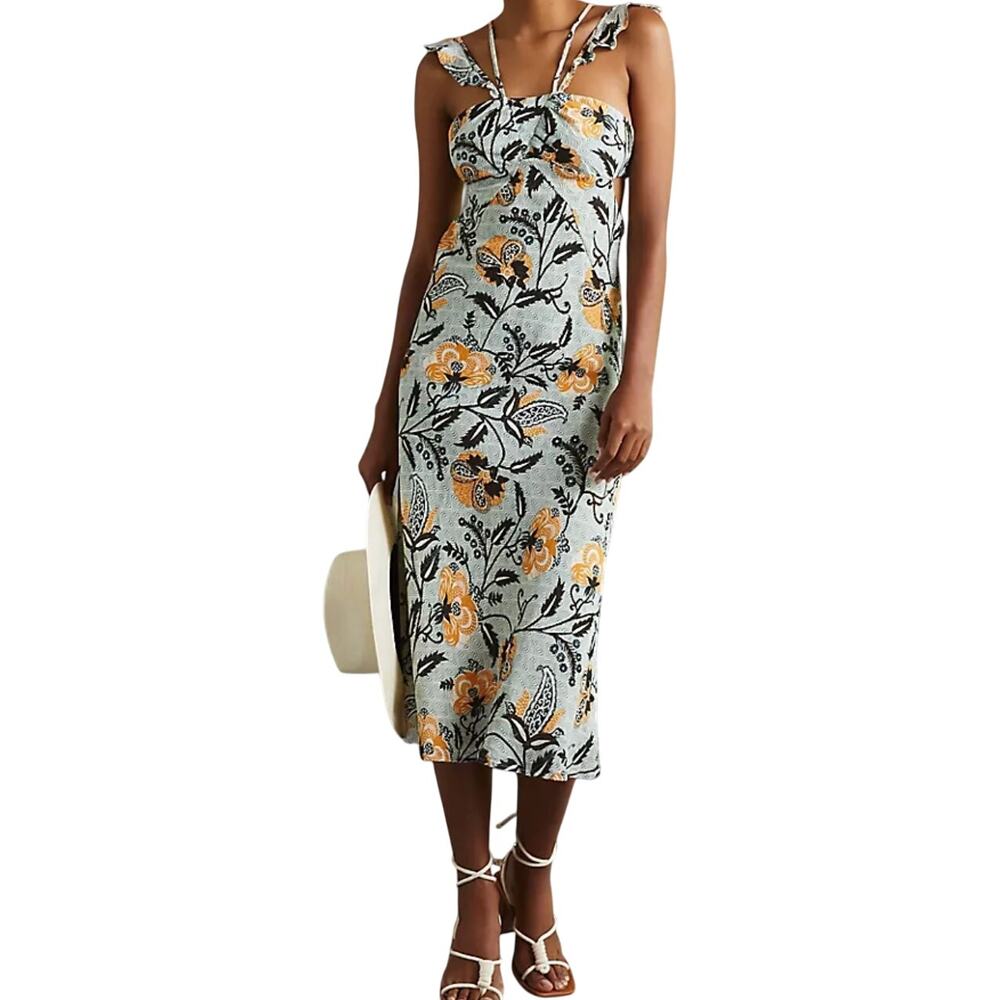 Anthropologie Halter Slim Midi Dress Linen Ruffle Cross-Strap Floral Blue 4